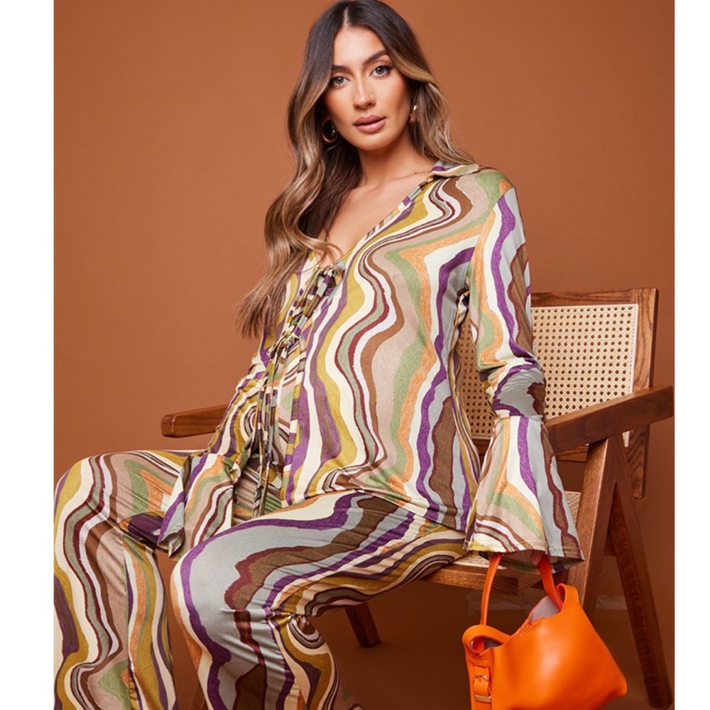 PrettyLittleThing Multicolor Swirl Wide-Leg two piece set